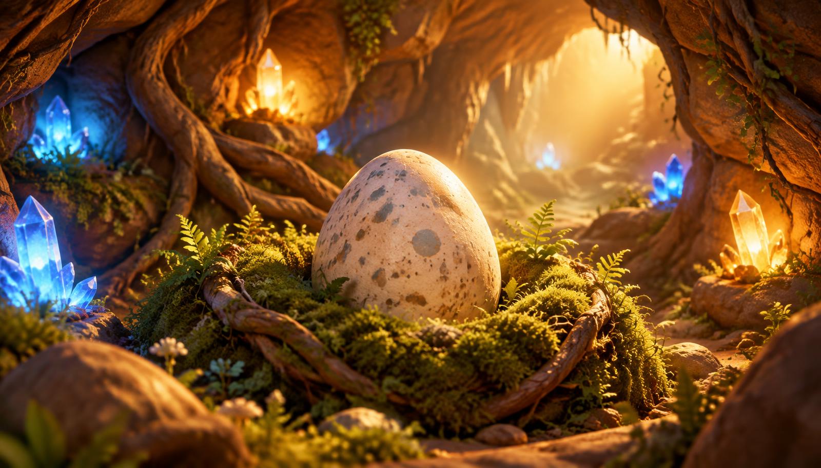A glowing dino egg resting in a warm cave